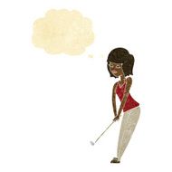 cartoon woman playing golf with thought bubble N3