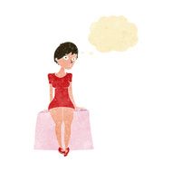 cartoon curious woman sitting with thought bubble