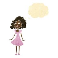 cartoon happy woman in dress with thought bubble N3