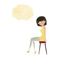 cartoon woman sitting on stool with thought bubble