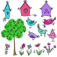 set of cute birds tree and bird&#039;s nesting boxes N2