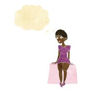 cartoon curious woman sitting with thought bubble N2