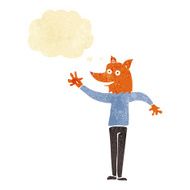 cartoon waving fox man with thought bubble