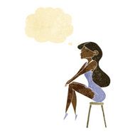 cartoon woman sitting on stool with thought bubble N4