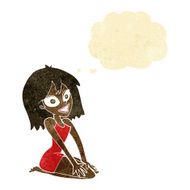 cartoon happy woman in dress with thought bubble N4