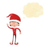 cartoon waving christmas elf with thought bubble N2