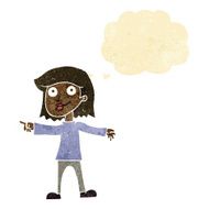 cartoon happy woman pointing with thought bubble N7