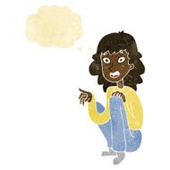 cartoon happy woman sitting and pointing with thought bubble