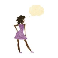cartoon woman posing in dress with thought bubble