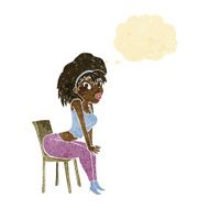 cartoon woman posing on chair with thought bubble N2