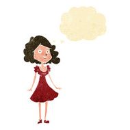 cartoon happy woman in dress with thought bubble N5