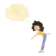 cartoon woman reaching to pick something up with thought bubble