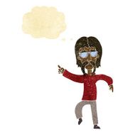 cartoon hippie man wearing glasses with thought bubble