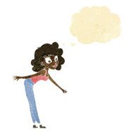 cartoon woman reaching to pick something up with thought bubble N2