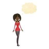 cartoon woman in short dress with thought bubble