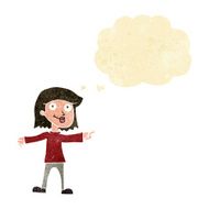 cartoon happy woman pointing with thought bubble N8