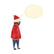 cartoon person in winter clothes with thought bubble