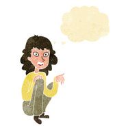 cartoon happy woman sitting and pointing with thought bubble N2