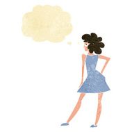 cartoon woman posing in dress with thought bubble N2