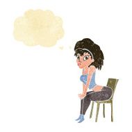 cartoon woman posing on chair with thought bubble N3