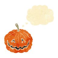 cartoon grinning pumpkin with thought bubble