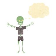 cartoon skeleton in clothes with thought bubble