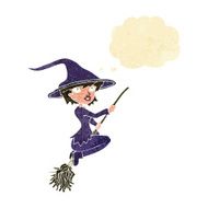 cartoon witch riding broomstick with thought bubble