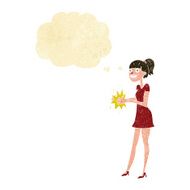 cartoon woman clapping hands with thought bubble N2