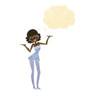 cartoon woman in cocktail dress with thought bubble