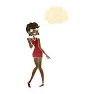 cartoon woman in cocktail dress with thought bubble N2