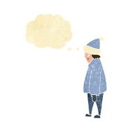 cartoon person in winter clothes with thought bubble N2