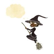 cartoon witch riding broomstick with thought bubble N2
