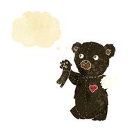 cartoon teddy black bear with torn arm thought bubble
