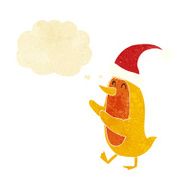 cartoon bird wearing xmas hat with thought bubble