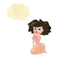 cartoon woman wearing bikini with thought bubble