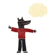 cartoon happy wolf man with thought bubble