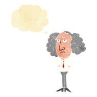 cartoon big hair lecturer man with thought bubble