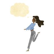 cartoon happy girl kicking out leg with thought bubble