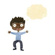 cartoon grinning boy with thought bubble