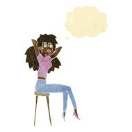 cartoon woman posing on stool with thought bubble N2
