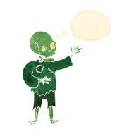 cartoon skeleton waving with thought bubble
