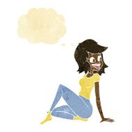 cartoon pretty woman looking happy with thought bubble N2