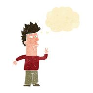 cartoon man giving peace sign with thought bubble N6