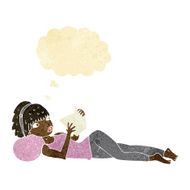 cartoon pretty woman reading book with thought bubble