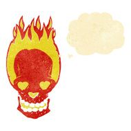 cartoon flaming skull with love heart eyes thought bubble
