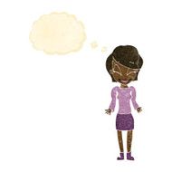 cartoon happy woman shrugging shoulders with thought bubble N3