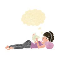 cartoon pretty woman reading book with thought bubble N2