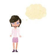 cartoon happy woman shrugging shoulders with thought bubble N4