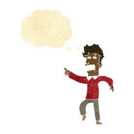 cartoon frightened man pointing with thought bubble N2