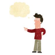 cartoon curious man pointing with thought bubble